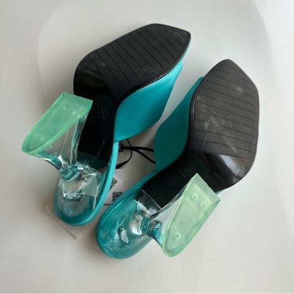 NWT Zara Aqua Blue Satin Mules with Clear Acrylic Heels - Bloggers Fave - Picture 9 of 12